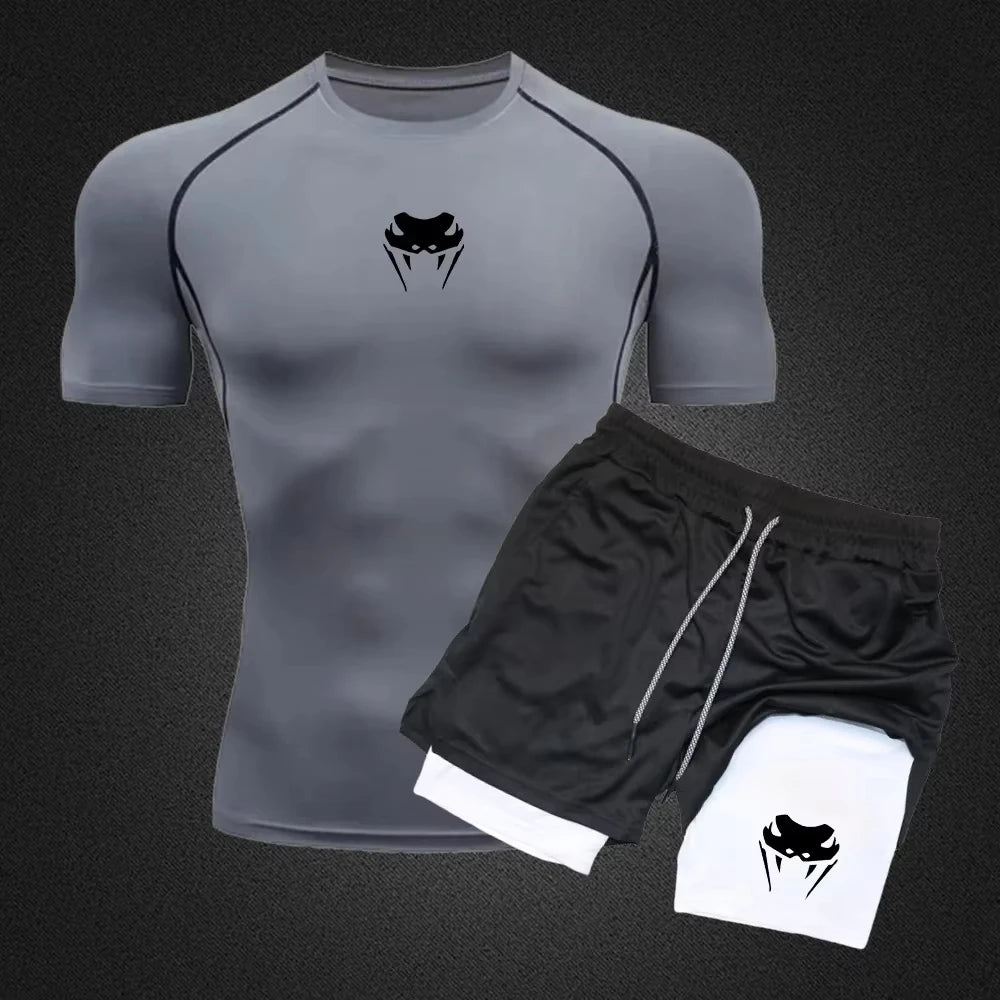 Conjunto Esportivo Masculino – Compressão Dry-Fit com Shorts